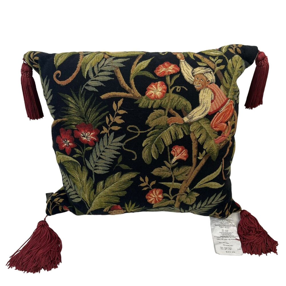 Borgata Tapestry Monkey Jungle Theme Pillow 16" x 16" Tassels Black Burgundy‎